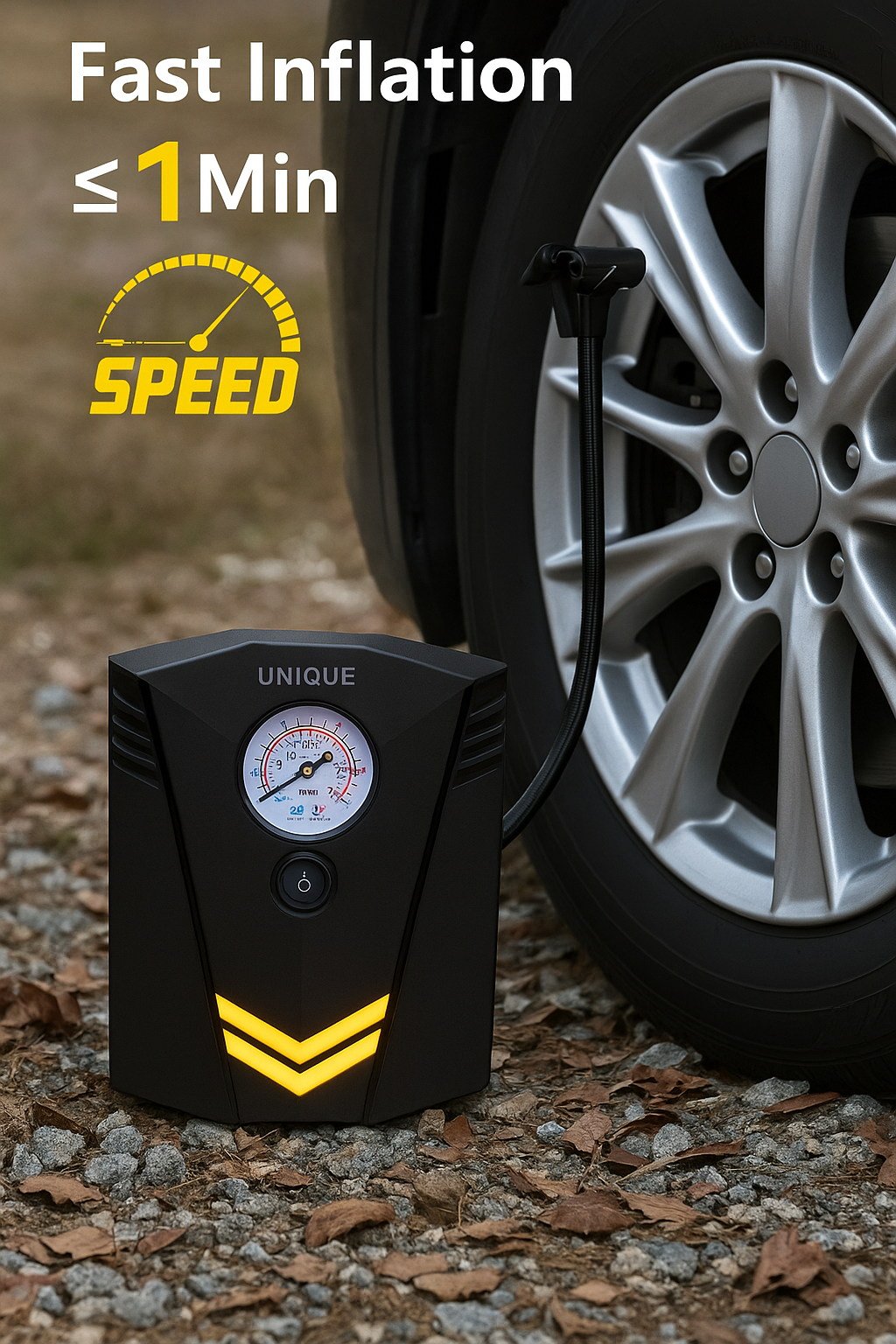 UN1QUE 12V Portable Car Tyre Inflator | Analog Air Compressor Pump with 150 PSI Pressure Gauge, LED Light & 4 Nozzles