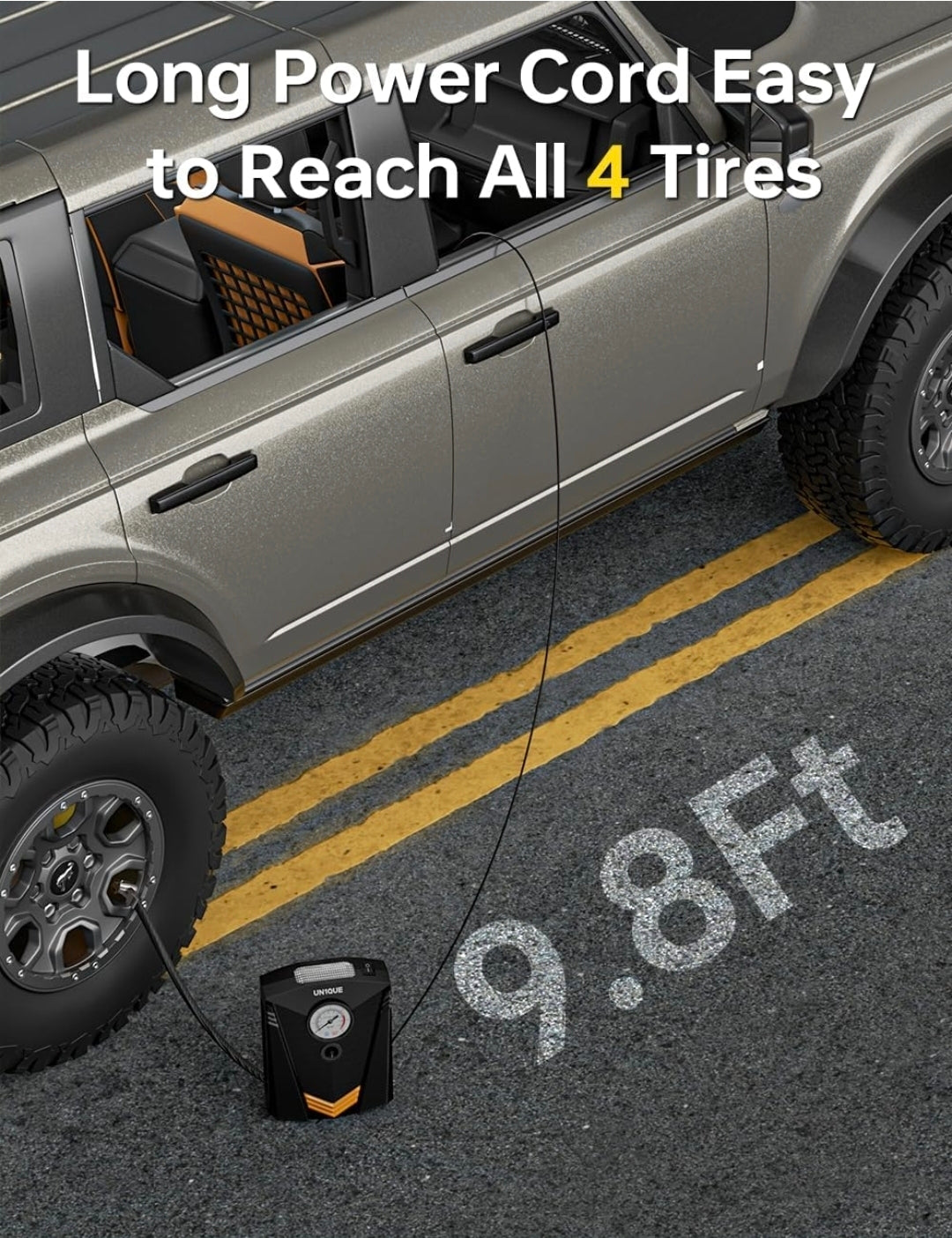UN1QUE 12V Portable Car Tyre Inflator | Analog Air Compressor Pump with 150 PSI Pressure Gauge, LED Light & 4 Nozzles
