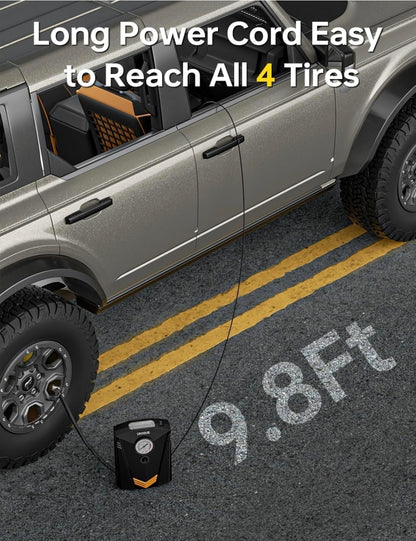 UN1QUE 12V Portable Car Tyre Inflator | Analog Air Compressor Pump with 150 PSI Pressure Gauge, LED Light & 4 Nozzles
