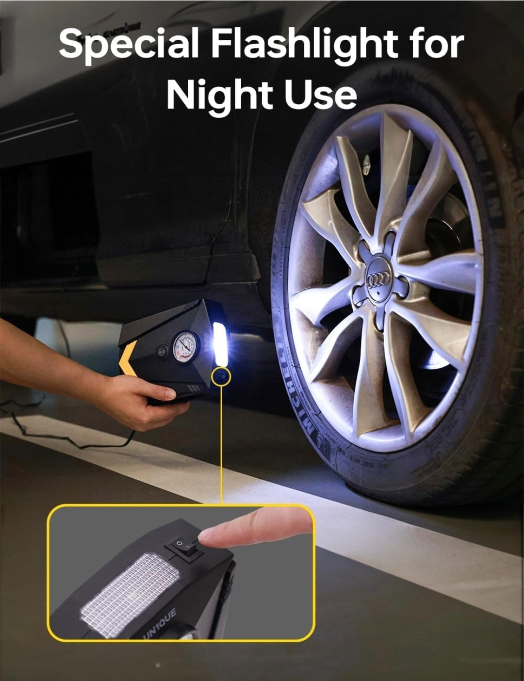UN1QUE 12V Portable Car Tyre Inflator | Analog Air Compressor Pump with 150 PSI Pressure Gauge, LED Light & 4 Nozzles