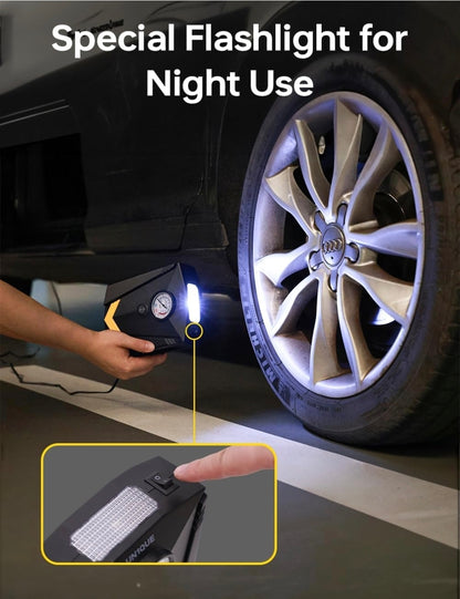 UN1QUE 12V Portable Car Tyre Inflator | Analog Air Compressor Pump with 150 PSI Pressure Gauge, LED Light & 4 Nozzles