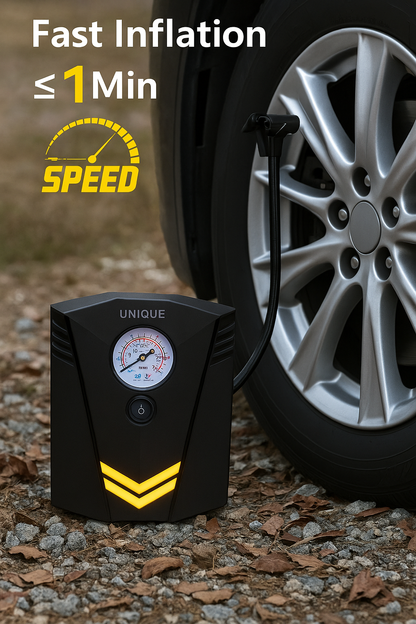 UN1QUE 12V Portable Car Tyre Inflator | Analog Air Compressor Pump with 150 PSI Pressure Gauge, LED Light & 4 Nozzles