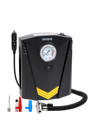 UN1QUE 12V Portable Car Tyre Inflator | Analog Air Compressor Pump with 150 PSI Pressure Gauge, LED Light & 4 Nozzles