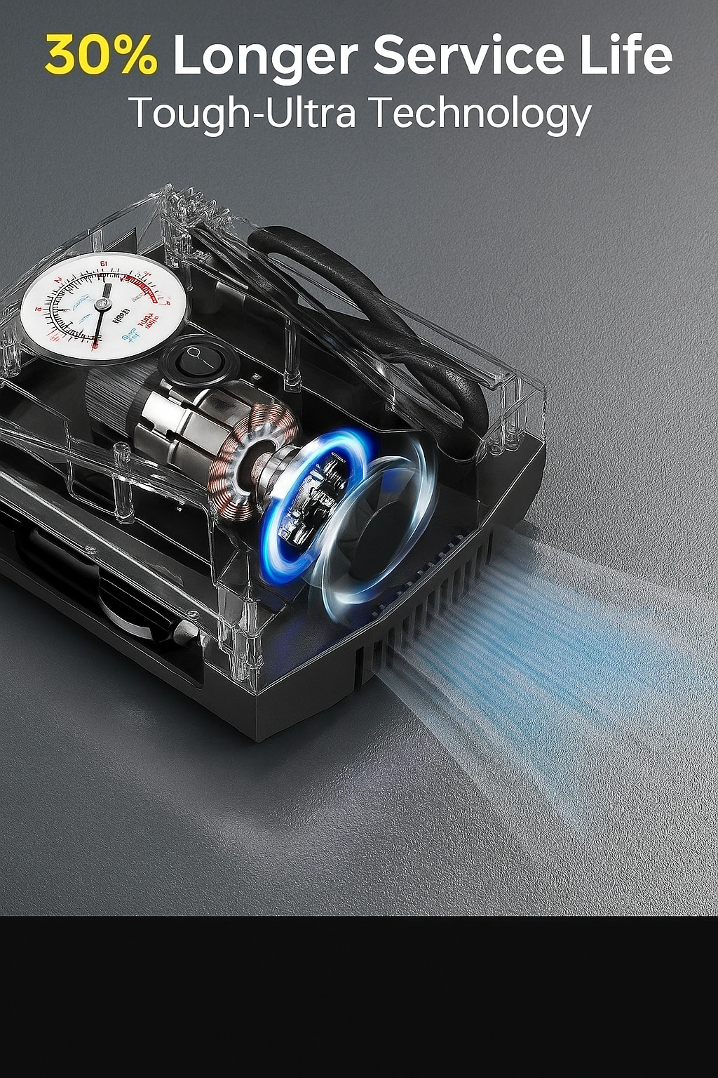 UN1QUE 12V Portable Car Tyre Inflator | Analog Air Compressor Pump with 150 PSI Pressure Gauge, LED Light & 4 Nozzles