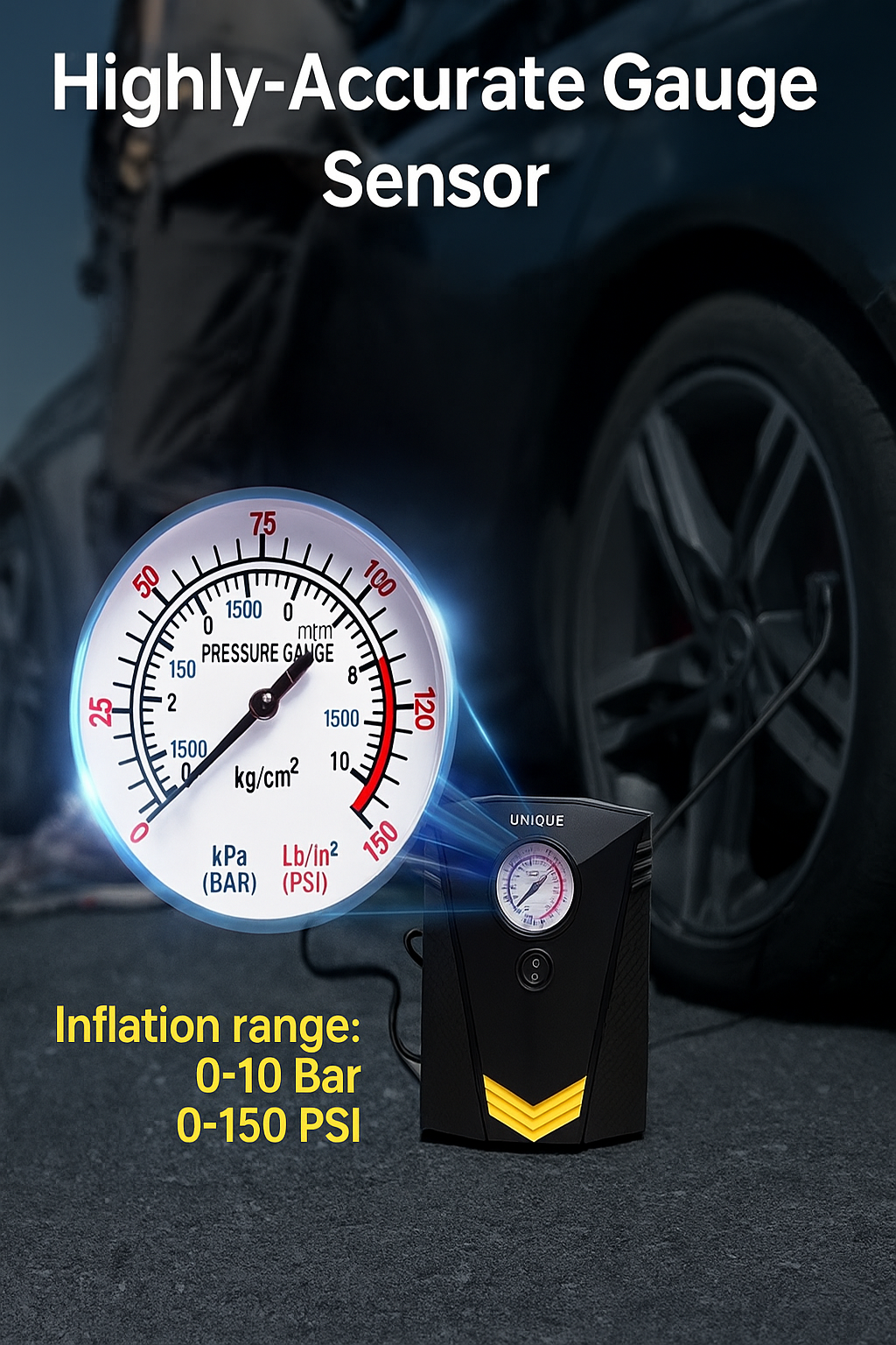 UN1QUE 12V Portable Car Tyre Inflator | Analog Air Compressor Pump with 150 PSI Pressure Gauge, LED Light & 4 Nozzles